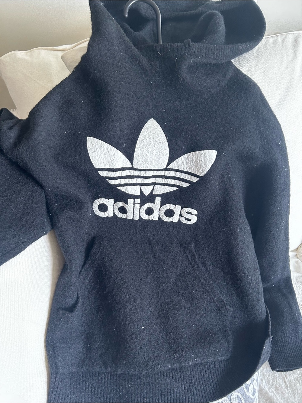 Adidas Black Cashmere Hoodie with White Trefoil fits like medium/large